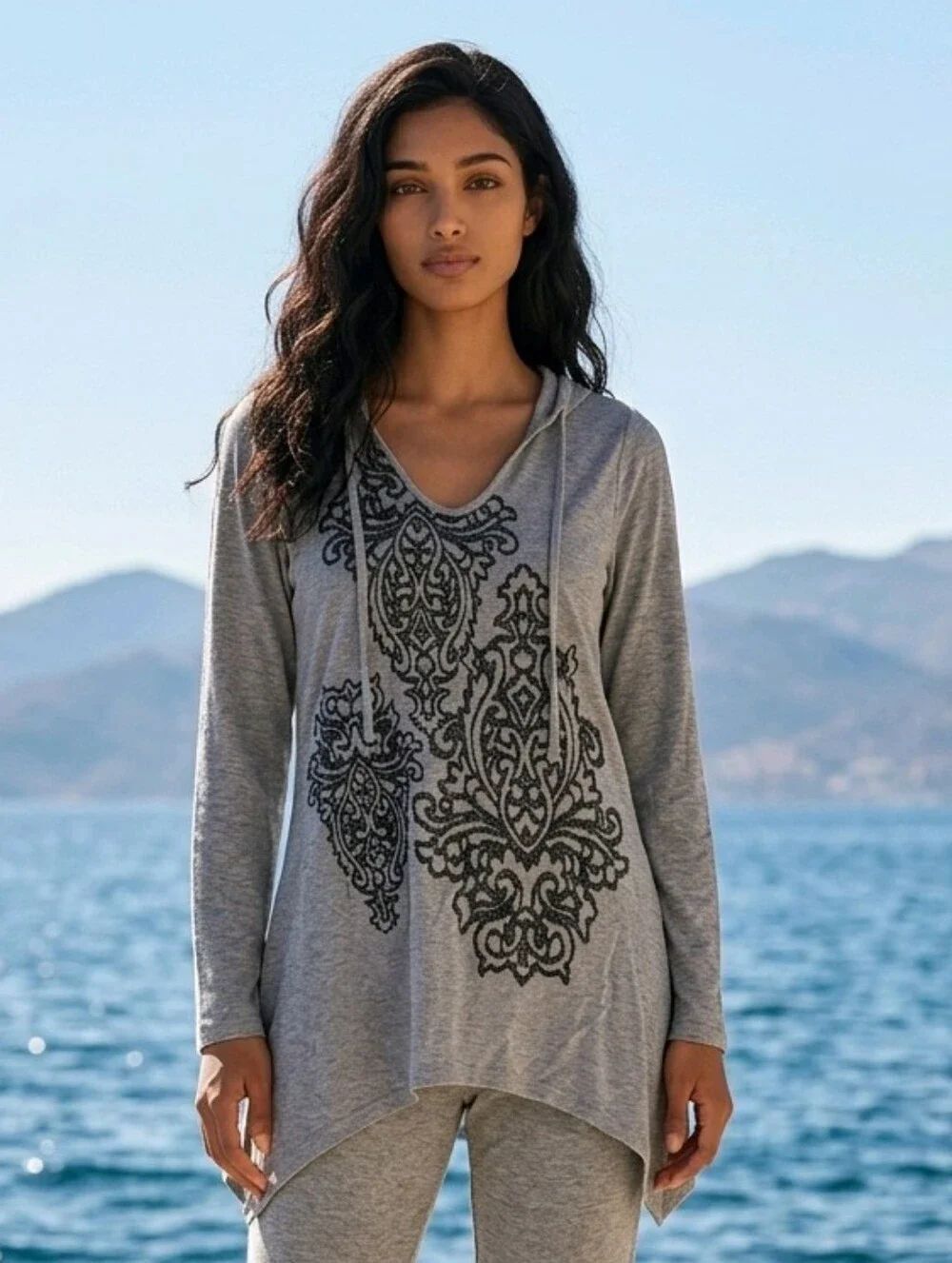 SOMA Divine Terry Hoodie Medium Gray Hi Low Tunic Lounge Pullover Top
